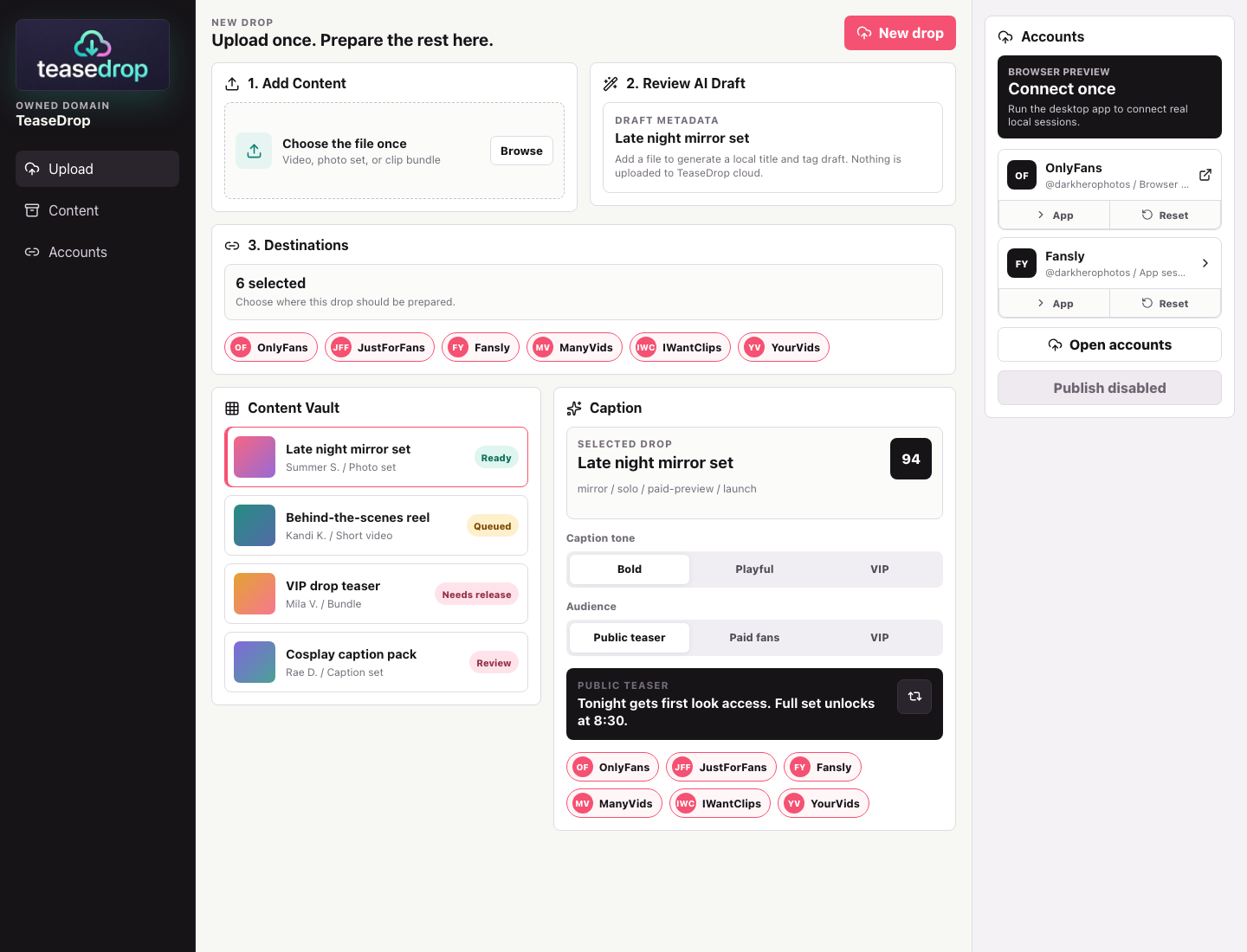 TeaseDrop desktop upload workspace showing one content drop prepared for selected platforms